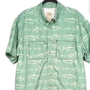 L.L. Bean Fishing Shirt Men Lg. Vented Utility Pocket Button Down Fish Graphic